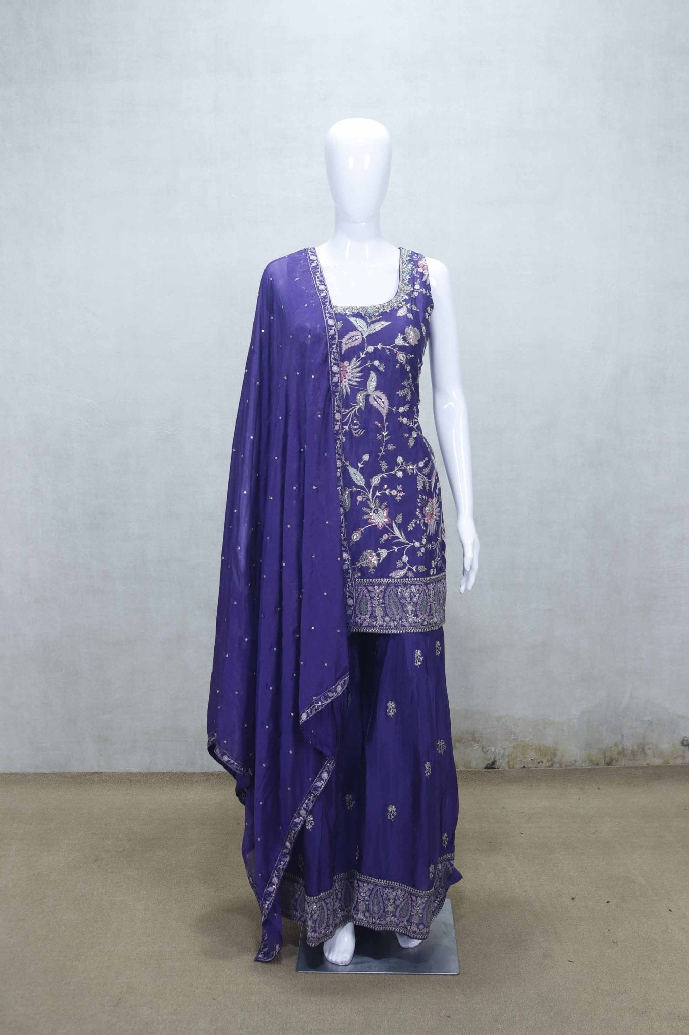 Purple Embroidered Sharara Suit Set with Floral Zari Work and Matching Dupatta - Mangaldeep NX