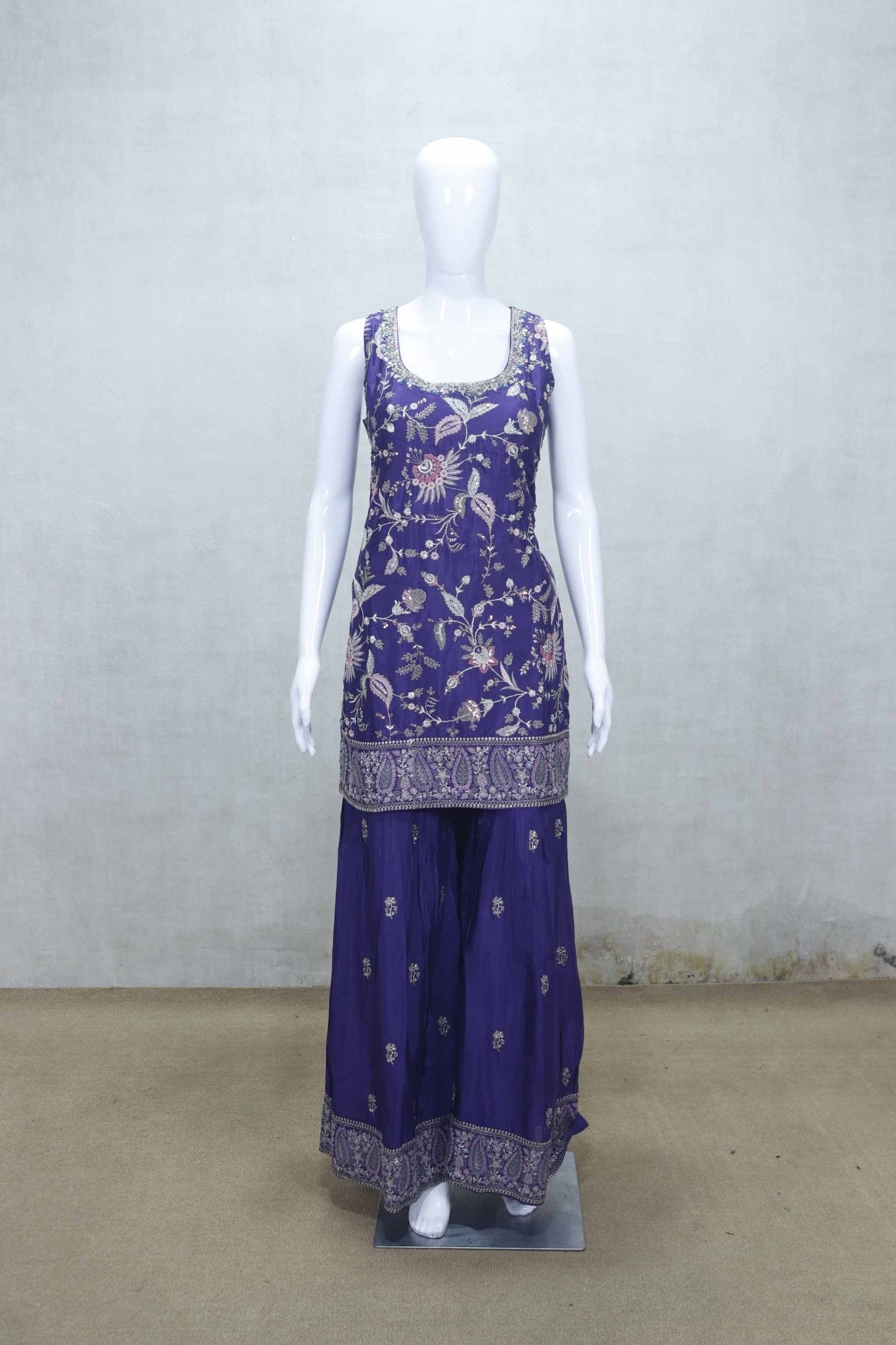 Purple Embroidered Sharara Suit Set with Floral Zari Work and Matching Dupatta - Mangaldeep NX