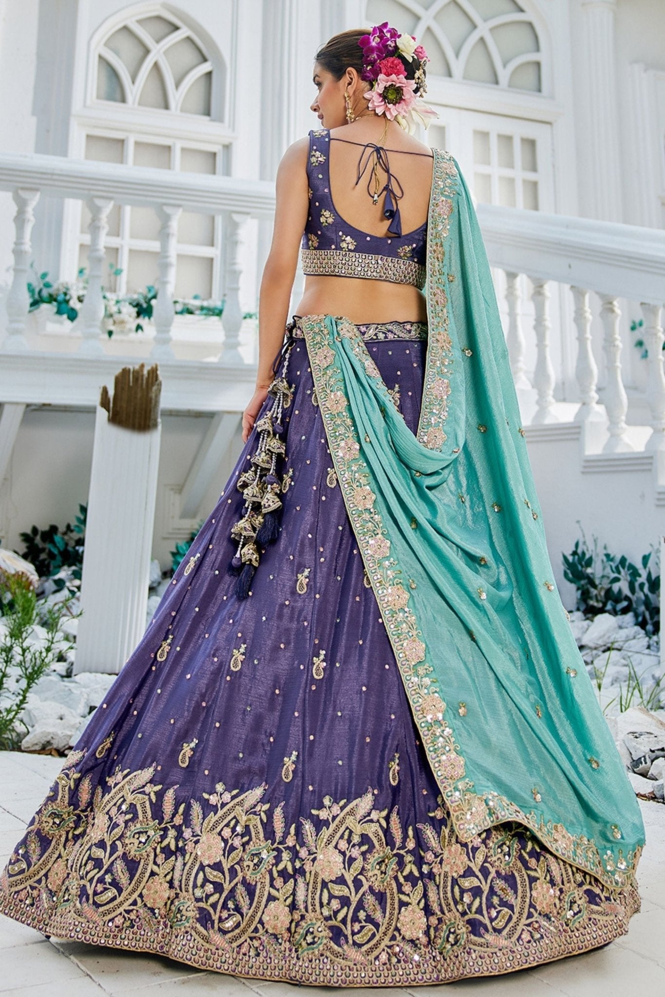 Purple Embroidered Silk Lehenga Choli with Floral Motifs and Aqua Blue Dupatta - Mangaldeep NX