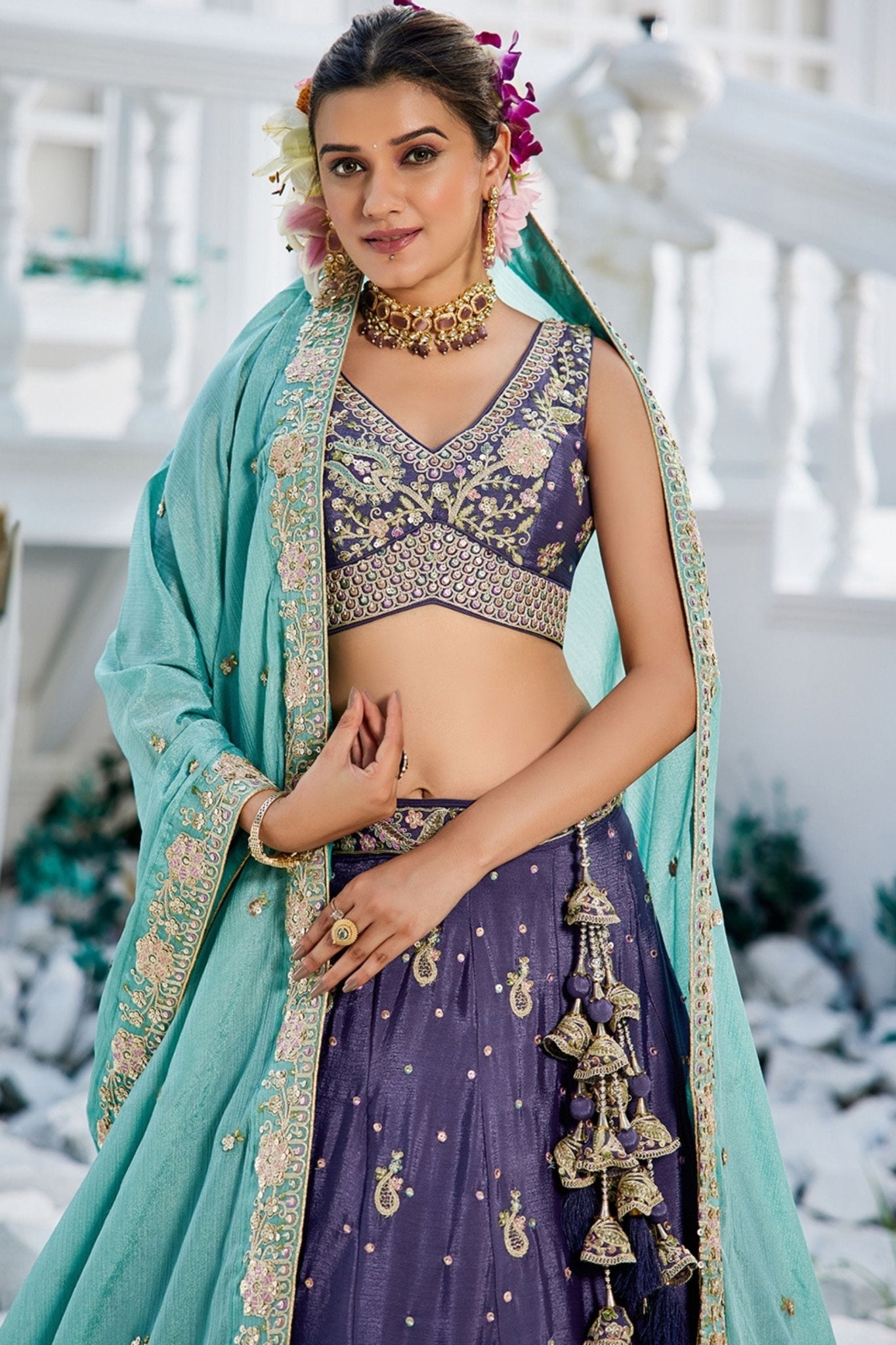 Purple Embroidered Silk Lehenga Choli with Floral Motifs and Aqua Blue Dupatta - Mangaldeep NX