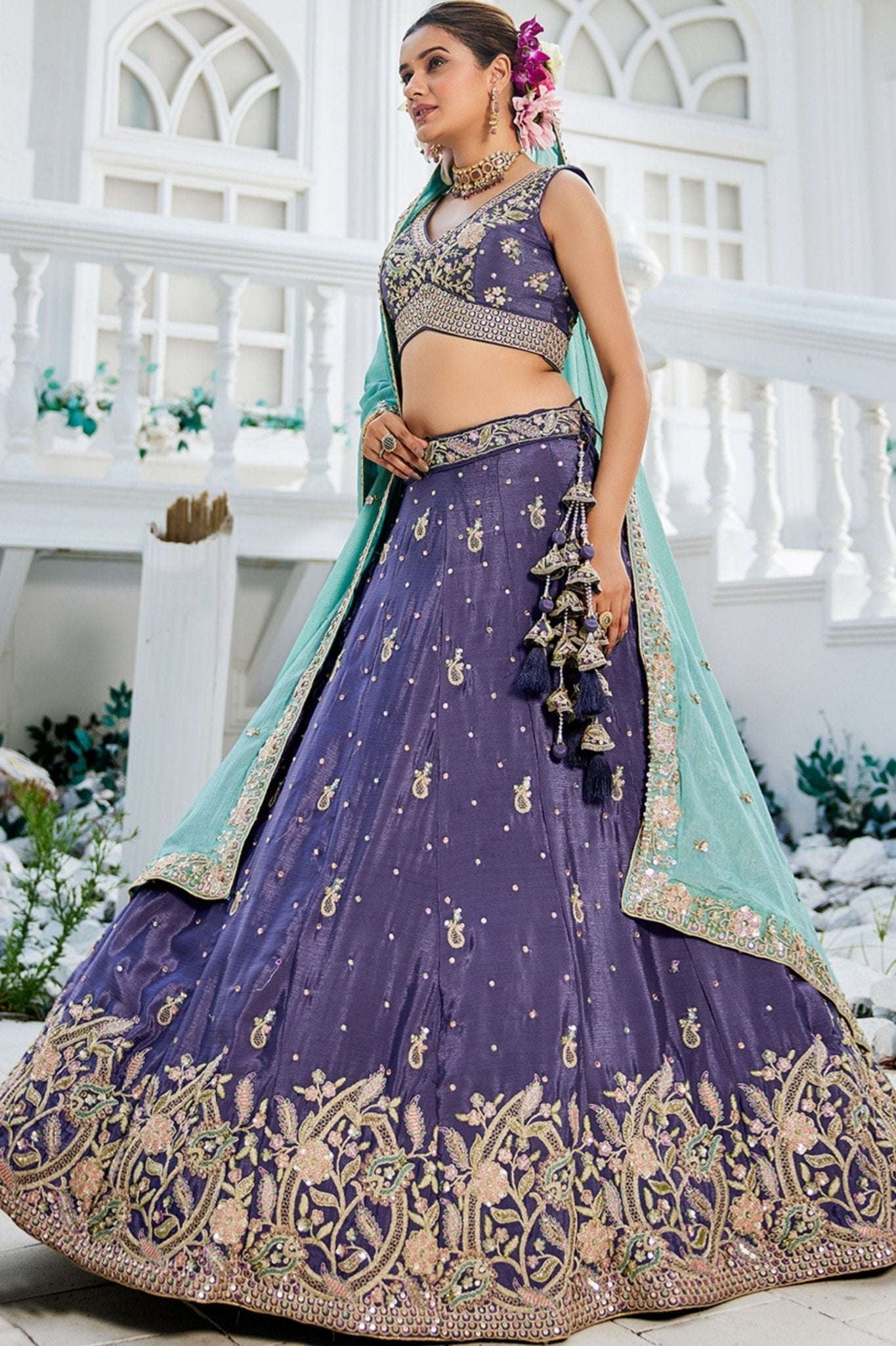Purple Embroidered Silk Lehenga Choli with Floral Motifs and Aqua Blue Dupatta - Mangaldeep NX