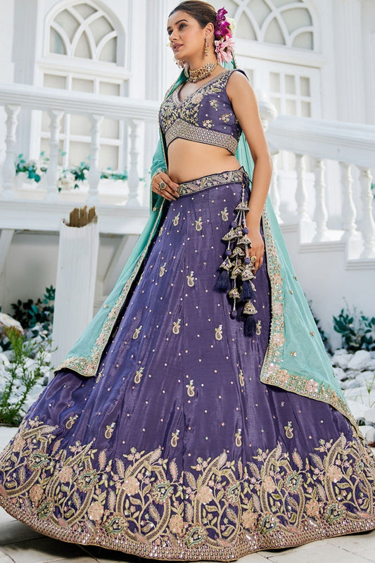 Purple Embroidered Silk Lehenga Choli with Floral Motifs and Aqua Blue Dupatta - Mangaldeep NX