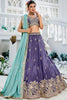 Purple Embroidered Silk Lehenga Choli with Floral Motifs and Aqua Blue Dupatta - Mangaldeep NX
