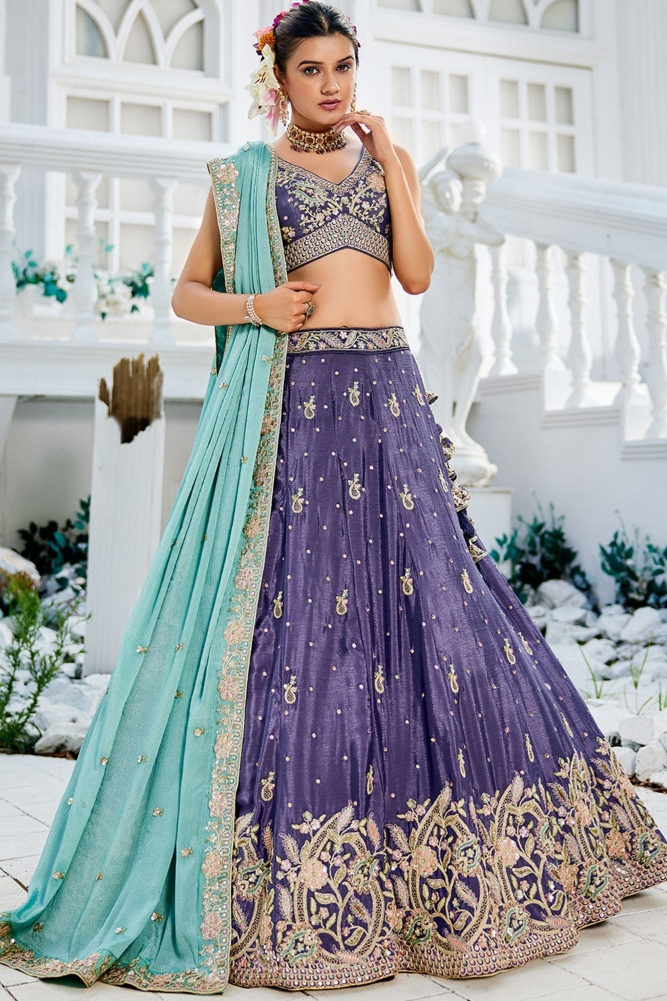 Purple Embroidered Silk Lehenga Choli with Floral Motifs and Aqua Blue Dupatta - Mangaldeep NX
