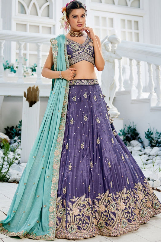 Purple Embroidered Silk Lehenga Choli with Floral Motifs and Aqua Blue Dupatta - Mangaldeep NX