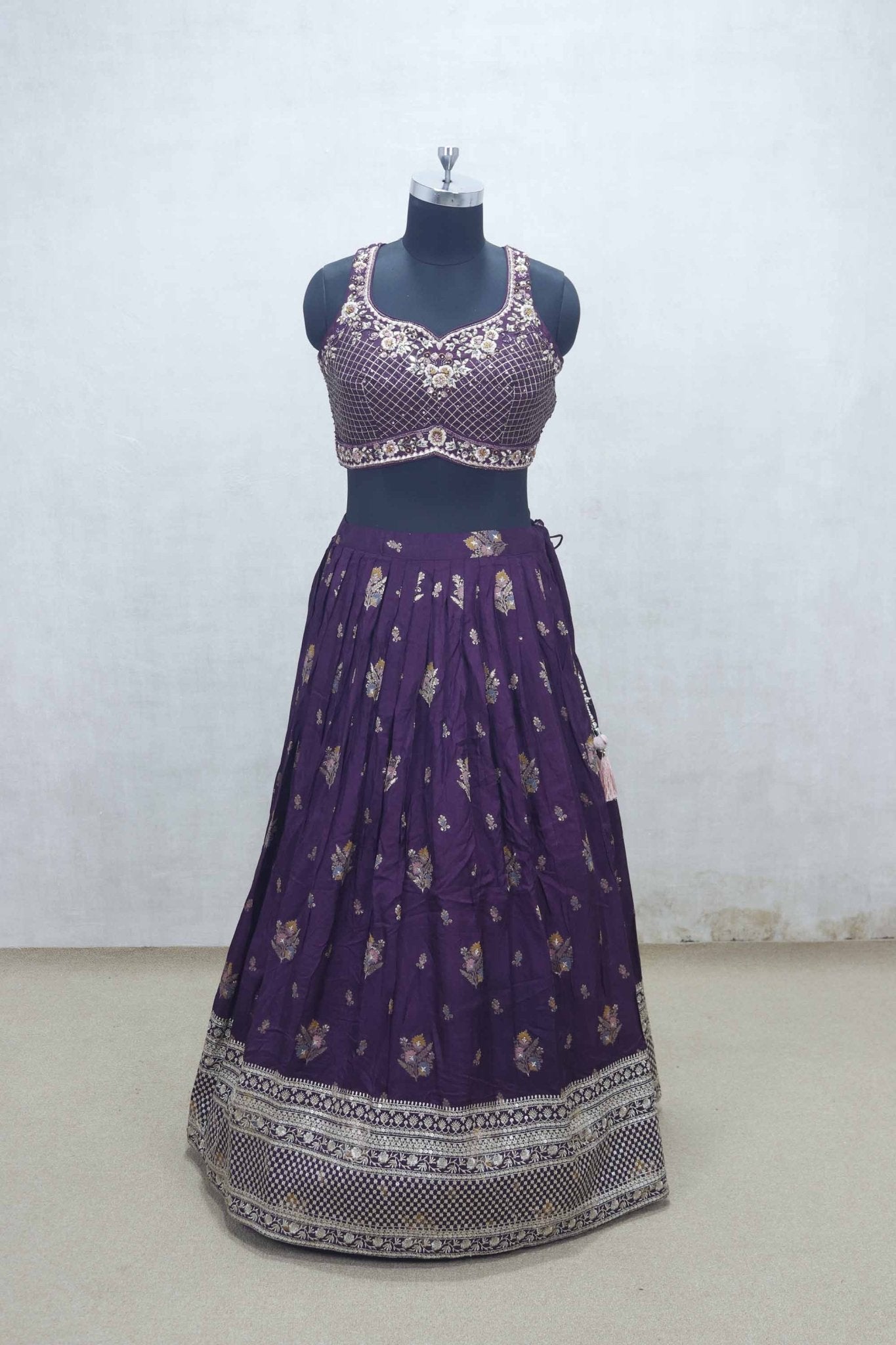 Purple Embroidered Silk Lehenga Choli with Pink Dupatta and Mirror Work Border - Mangaldeep NX