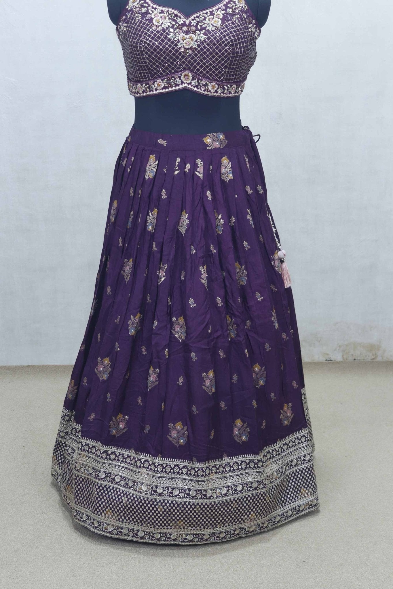 Purple Embroidered Silk Lehenga Choli with Pink Dupatta and Mirror Work Border - Mangaldeep NX