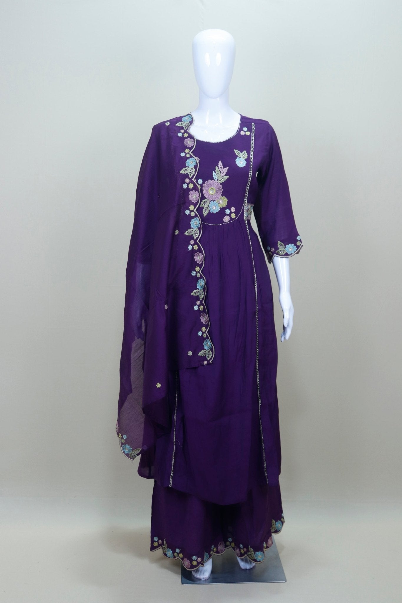 Purple Floral Embroidered Georgette Kurta Set with Sharara and Dupatta Festive Wear Ethnic Suit - Mangaldeep NX