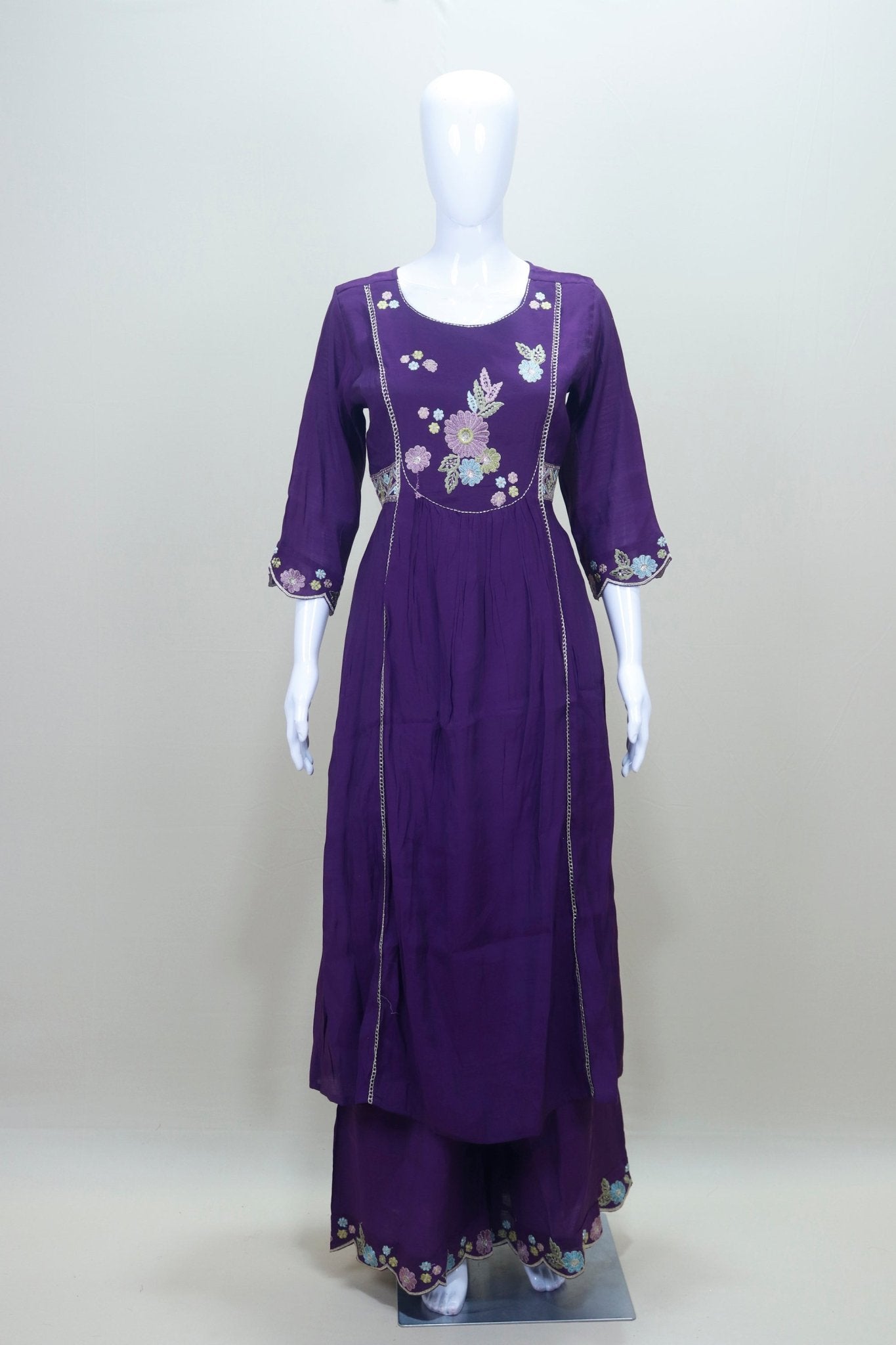 Purple Floral Embroidered Georgette Kurta Set with Sharara and Dupatta Festive Wear Ethnic Suit - Mangaldeep NX