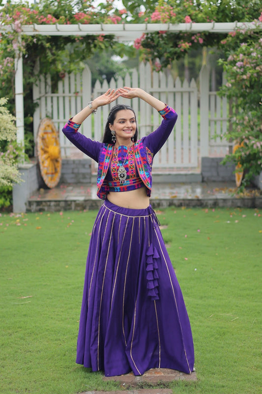 Purple Mirror Work Embroidered Lehenga Choli Set with Multicolor Threadwork Jacket - Mangaldeep NX