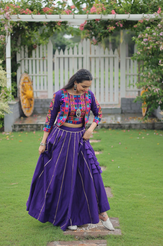 Purple Mirror Work Embroidered Lehenga Choli Set with Multicolor Threadwork Jacket - Mangaldeep NX