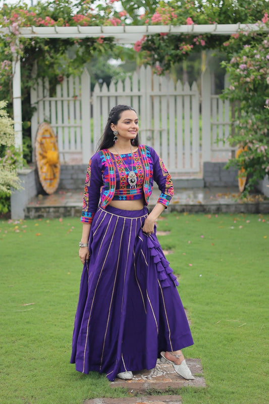 Purple Mirror Work Embroidered Lehenga Choli Set with Multicolor Threadwork Jacket - Mangaldeep NX