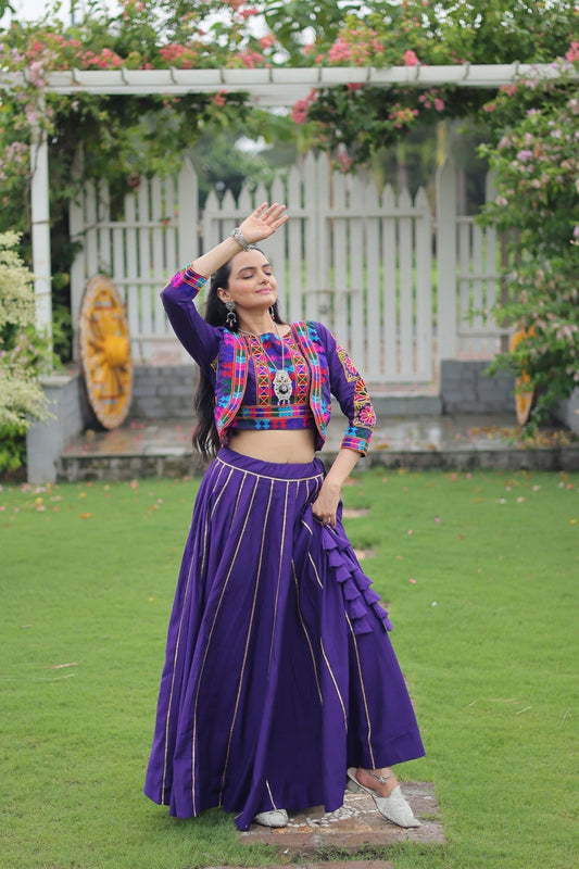 Purple Mirror Work Embroidered Lehenga Choli Set with Multicolor Threadwork Jacket - Mangaldeep NX