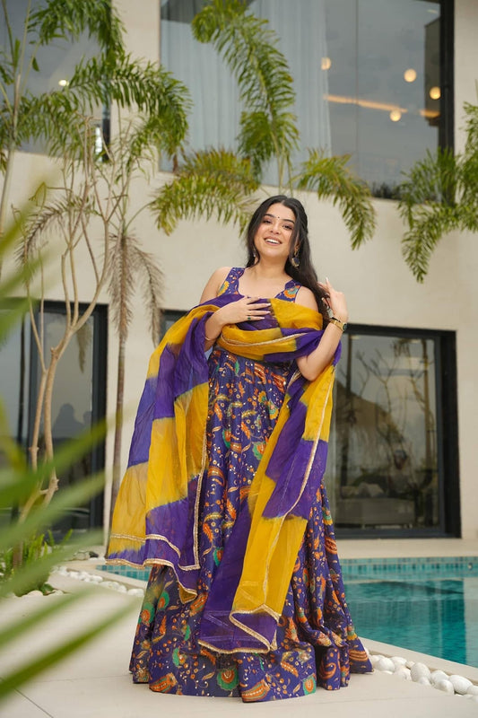 Purple Multicolor Bandhani Printed Gown with Peacock Motifs - Mangaldeep NX