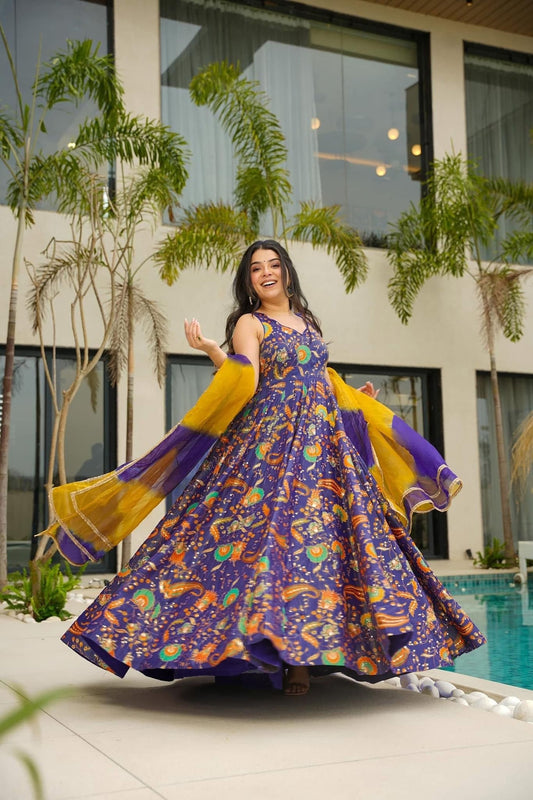 Purple Multicolor Bandhani Printed Gown with Peacock Motifs - Mangaldeep NX