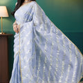 Purple Organza Saree with Gold Leaf Vine Print and Sequin Lace Border - Mangaldeep NX