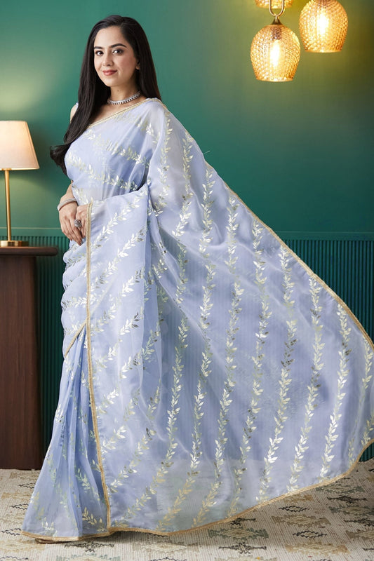 Purple Organza Saree with Gold Leaf Vine Print and Sequin Lace Border - Mangaldeep NX