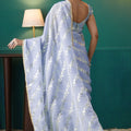 Purple Organza Saree with Gold Leaf Vine Print and Sequin Lace Border - Mangaldeep NX