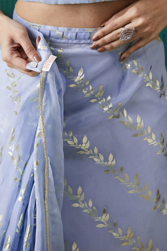 Purple Organza Saree with Gold Leaf Vine Print and Sequin Lace Border - Mangaldeep NX