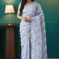 Purple Organza Saree with Gold Leaf Vine Print and Sequin Lace Border - Mangaldeep NX