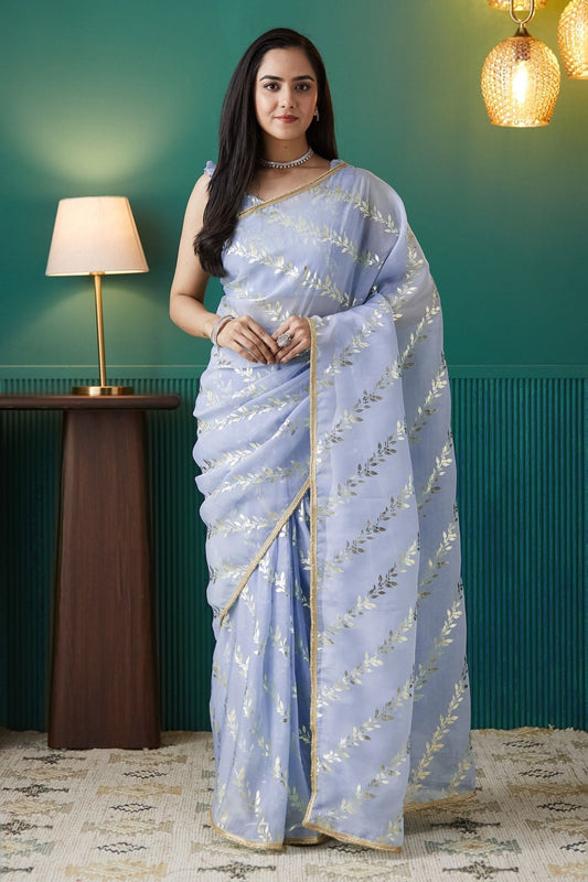 Purple Organza Saree with Gold Leaf Vine Print and Sequin Lace Border - Mangaldeep NX
