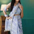 Purple Organza Saree with Gold Leaf Vine Print and Sequin Lace Border - Mangaldeep NX
