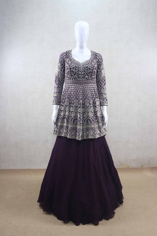 Purple Peplum Style Lehenga Choli with Silver Zari and Mirror Embroidery - Mangaldeep NX
