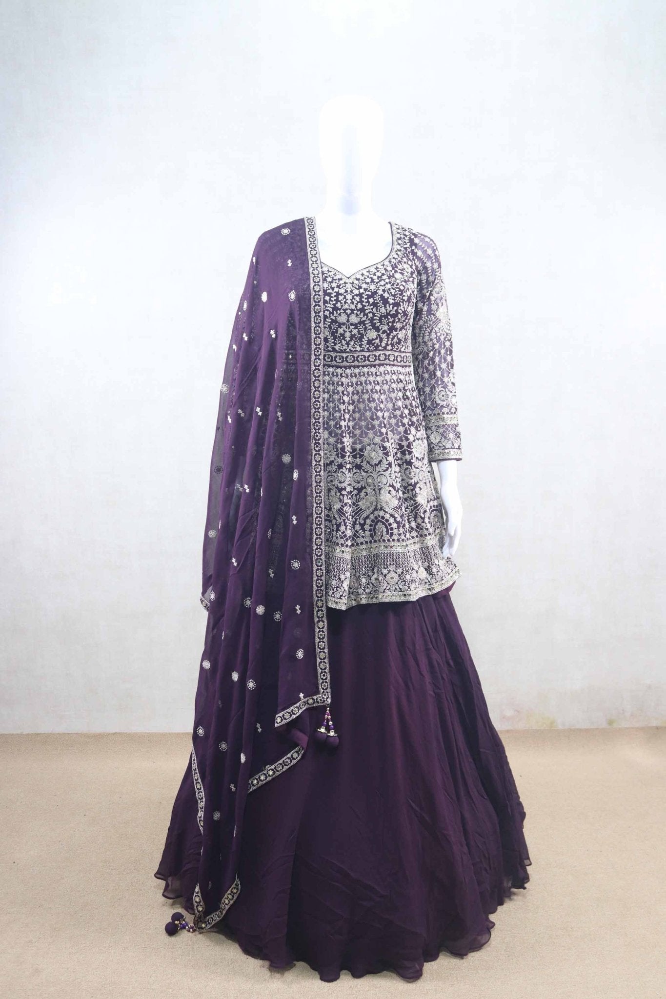 Purple Peplum Style Lehenga Choli with Silver Zari and Mirror Embroidery - Mangaldeep NX