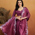 Purple Satin Silk Saree with Silver Sequin Scalloped Border and Matching Blouse - Mangaldeep NX