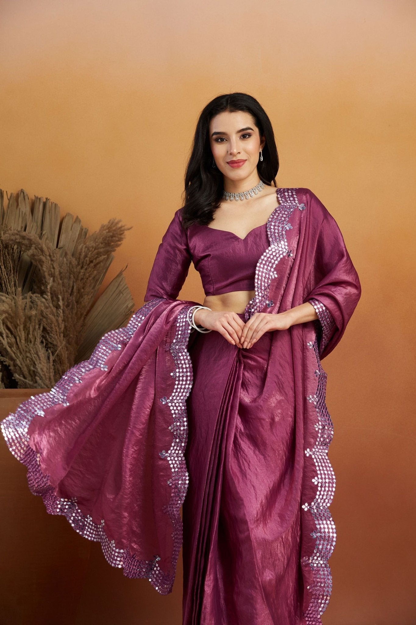 Purple Satin Silk Saree with Silver Sequin Scalloped Border and Matching Blouse - Mangaldeep NX