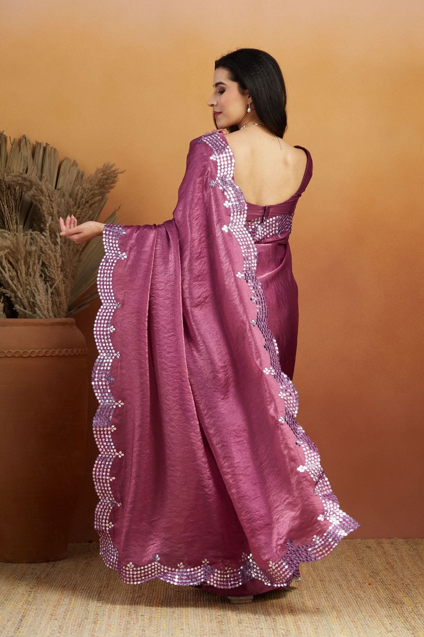 Purple Satin Silk Saree with Silver Sequin Scalloped Border and Matching Blouse - Mangaldeep NX