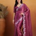Purple Satin Silk Saree with Silver Sequin Scalloped Border and Matching Blouse - Mangaldeep NX