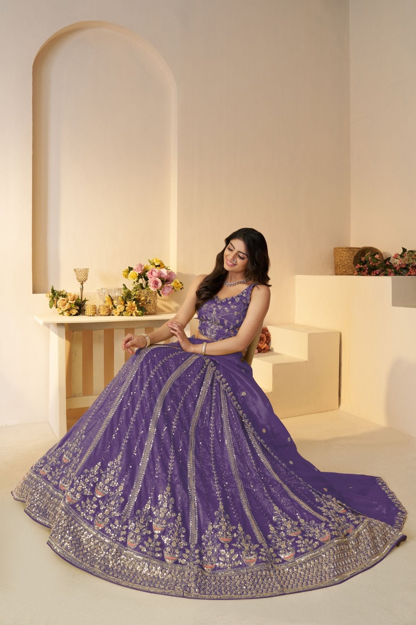 Purple Sequin Embroidered Lehenga Choli with Dupatta - Mangaldeep NX