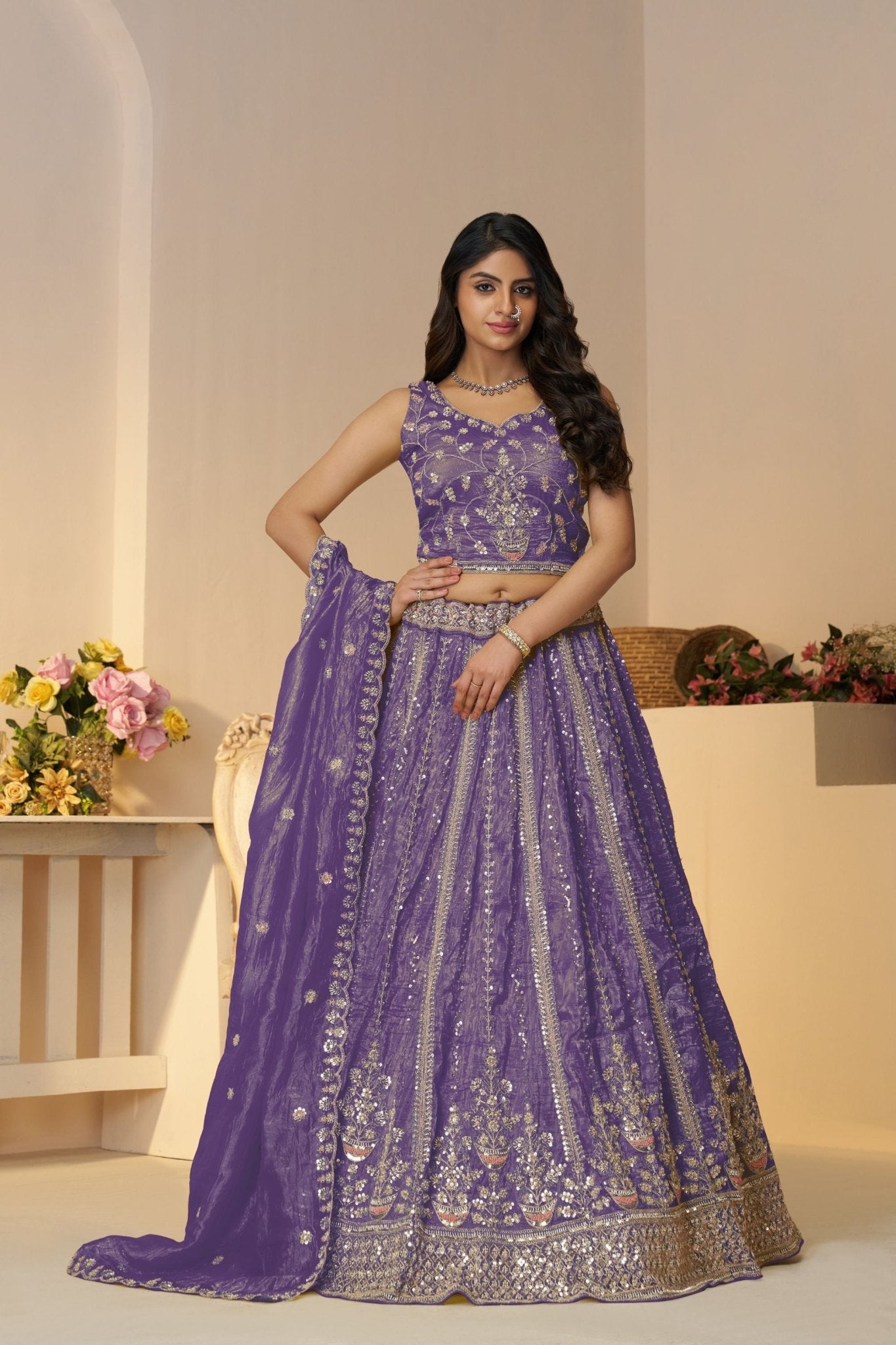 Purple Sequin Embroidered Lehenga Choli with Dupatta - Mangaldeep NX