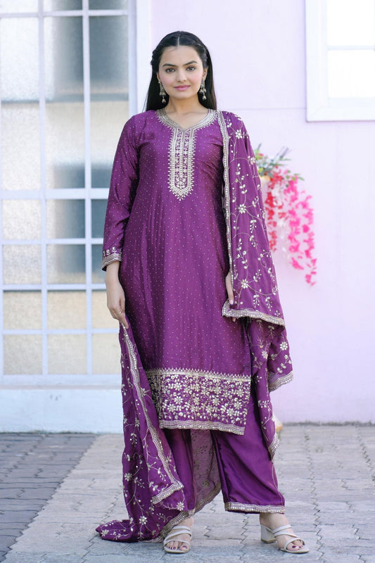Purple Sequins Embroidered Straight Cut Suit with Dupatta - Mangaldeep NX