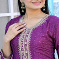 Purple Sequins Embroidered Straight Cut Suit with Dupatta - Mangaldeep NX