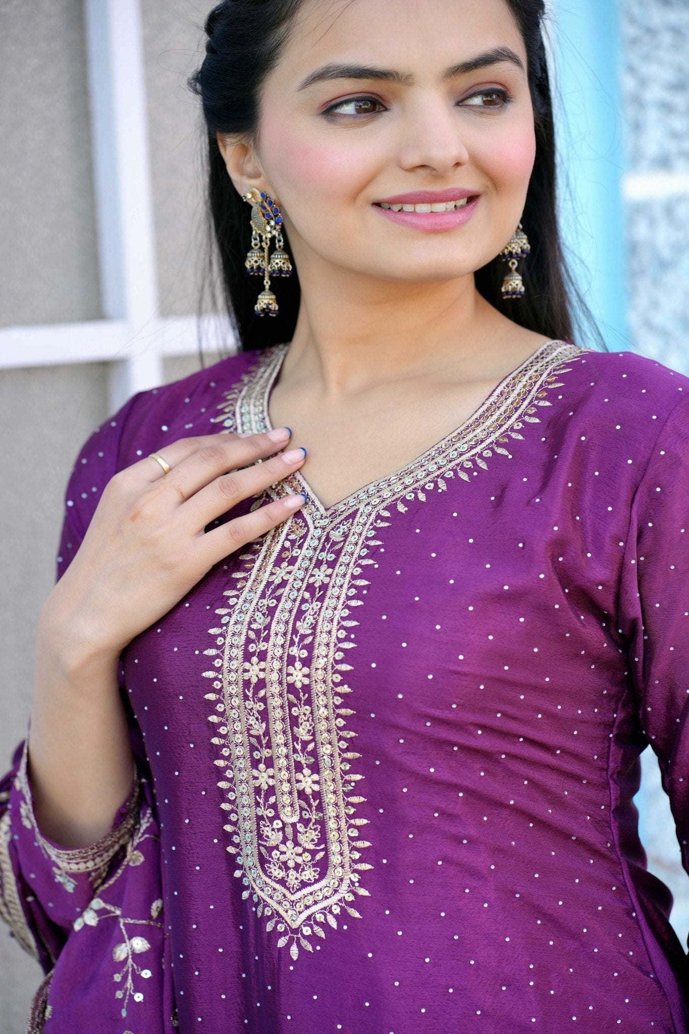 Purple Sequins Embroidered Straight Cut Suit with Dupatta - Mangaldeep NX
