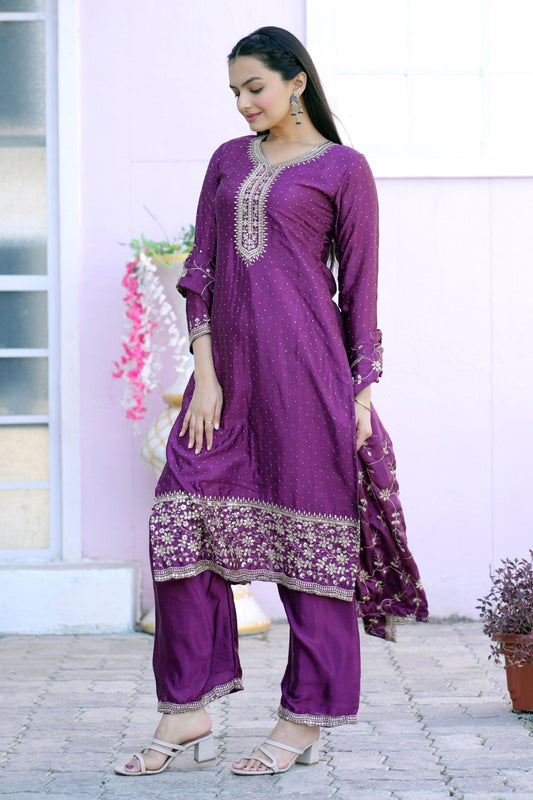 Purple Sequins Embroidered Straight Cut Suit with Dupatta - Mangaldeep NX