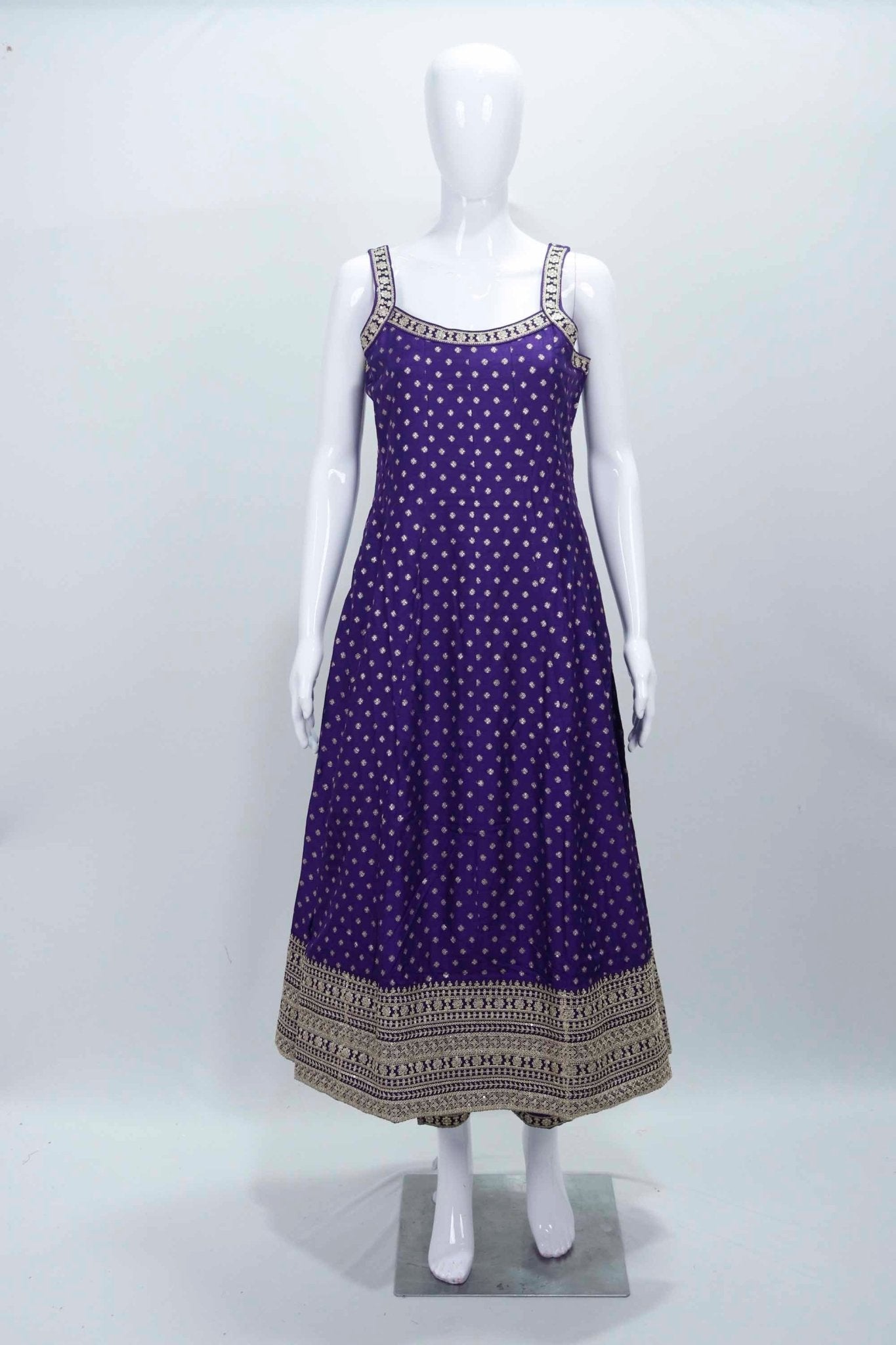 Purple Sleeveless Foil Printed Anarkali Kurta Set with Zari Embroidery and Matching Dupatta - Mangaldeep NX
