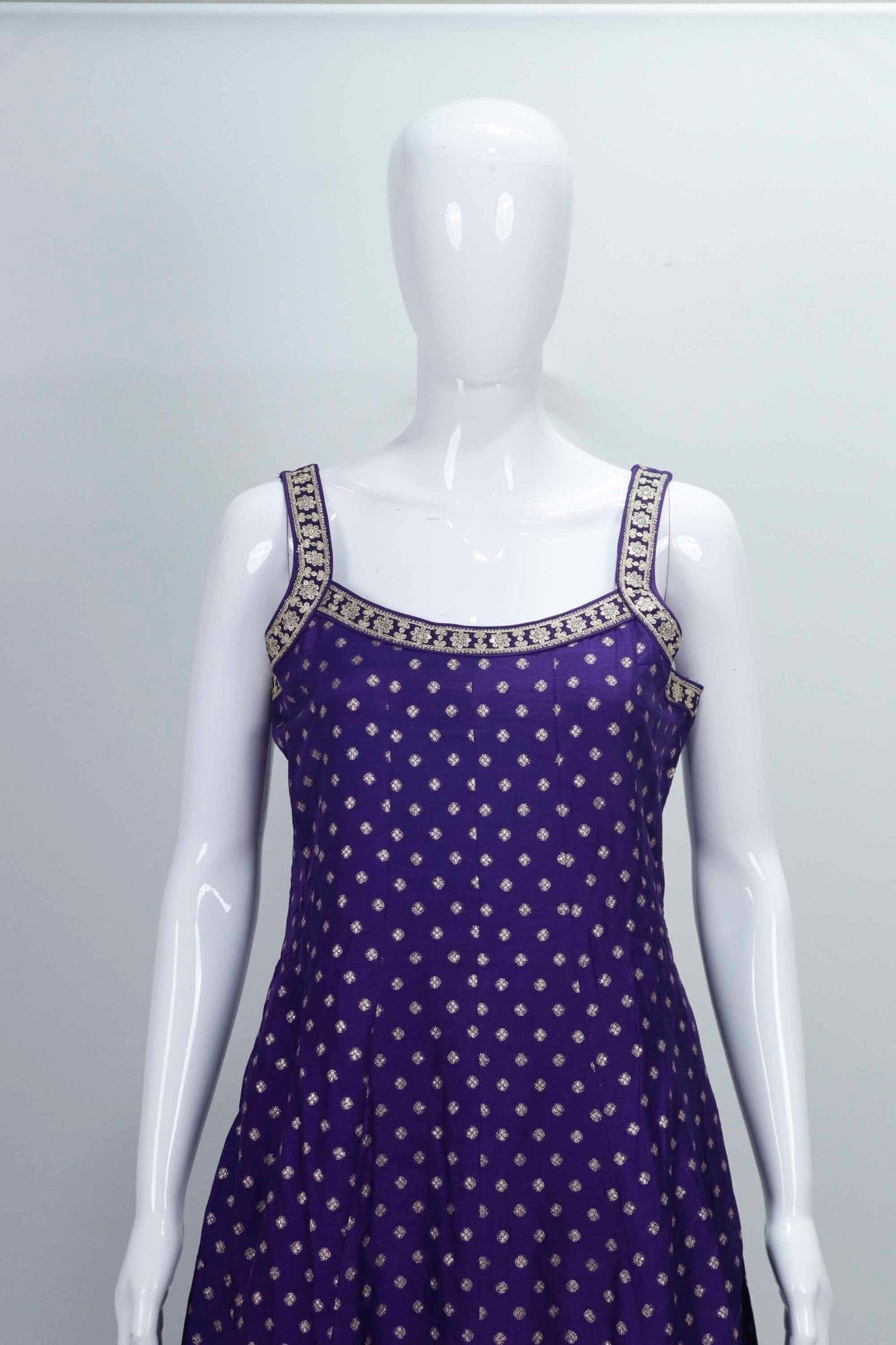 Purple Sleeveless Foil Printed Anarkali Kurta Set with Zari Embroidery and Matching Dupatta - Mangaldeep NX