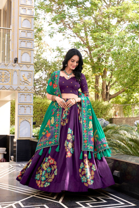 Purple Tussar Silk Lehenga Choli with Digital Print for Women - Mangaldeep NX