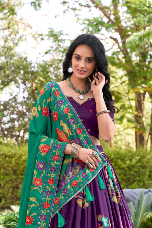 Purple Tussar Silk Lehenga Choli with Digital Print for Women - Mangaldeep NX