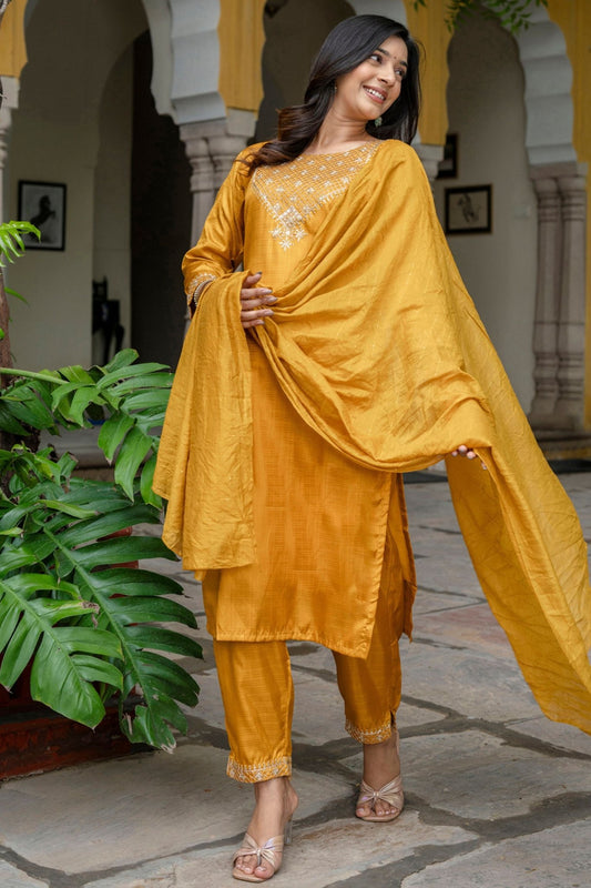 Radiant Mustard Yellow Embroidered Straight Suit Set - Mangaldeep NX