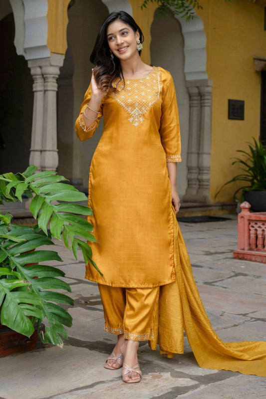 Radiant Mustard Yellow Embroidered Straight Suit Set - Mangaldeep NX