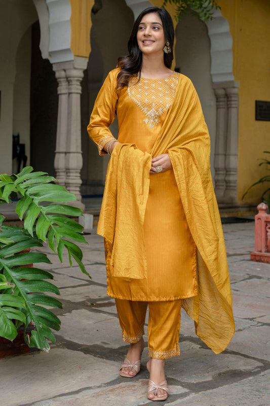 Radiant Mustard Yellow Embroidered Straight Suit Set - Mangaldeep NX