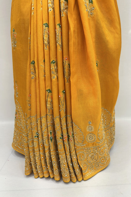 Radiant Mustard Yellow Silk Saree with Golden Elephant Zari Work - Mangaldeep NX