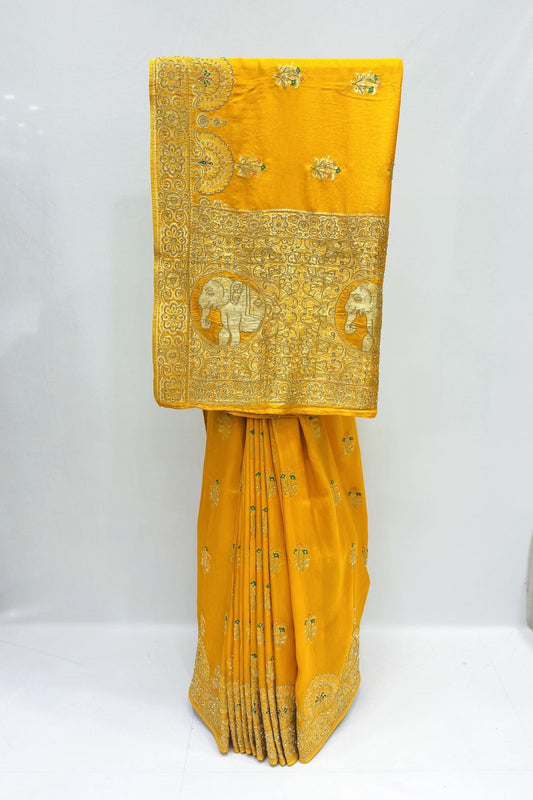 Radiant Mustard Yellow Silk Saree with Golden Elephant Zari Work - Mangaldeep NX