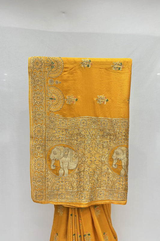 Radiant Mustard Yellow Silk Saree with Golden Elephant Zari Work - Mangaldeep NX