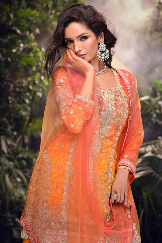 Radiant Orange Embroidered Sharara Suit with Net Dupatta and Zari Detailing - Mangaldeep NX