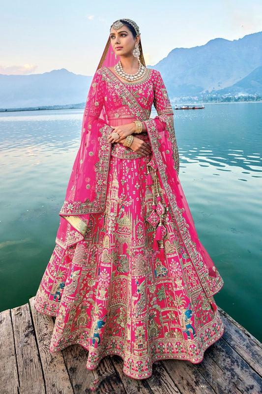 Radiant Rani Pink Bridal Lehenga Choli with Zari, Mirror, and Dori Embroidery - Mangaldeep NX